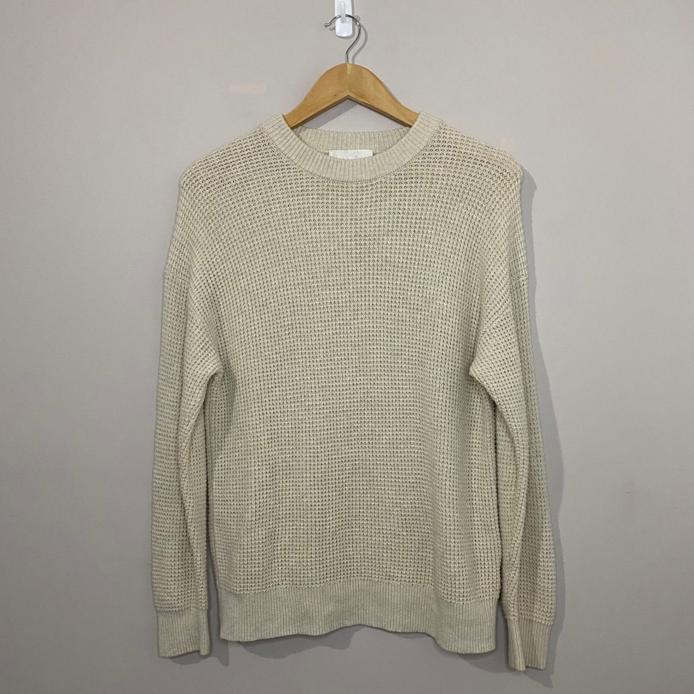 Aritzia Wilfred Free Wool Cotton Waffle Knit Sweater Oatmeal Cream XS Crewneck